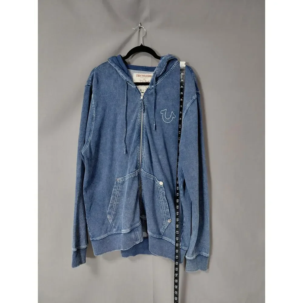 True Religion Blue Knit Full Zip Hoodie Graphic Sweatshirt Men Size XL